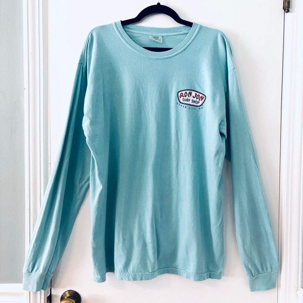 Ron Jon Surf Shop Ocean City MD aqua blue long sleeve t-shirt ring spun cotton M